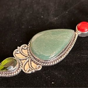 Peridot, Red Coral and Possible Florite 925 Pendant. Estate Find